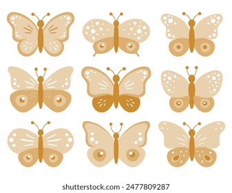 Set of beige butterflies isolated on white background, collection of silhouettes. Butterfly color, flying shape, vector design. Abstract modern monarch butterfly contours for decoration design