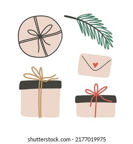 Conjunto de cajas de regalos de navidad beige con ramas y correo en estilo doodle. Cuta colección de ilustraciones vectoriales. regalos de vacaciones para tu diseño - afiche, camiseta, tarjeta de saludo, invitación