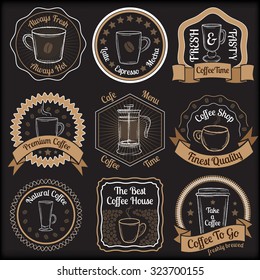 Set of beige coffee shop badges with coffee cups on black background vector illustration