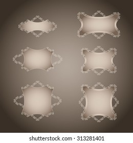 set of beige color hand drawn vignettes on the dark brown gradient background