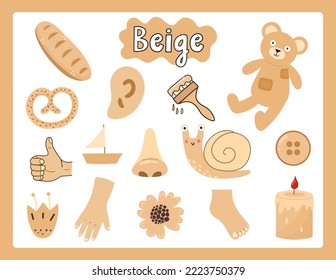 Set of beige color objects. Primary colors flashcard with beige elements. Learning colors for kids. Vector illustration