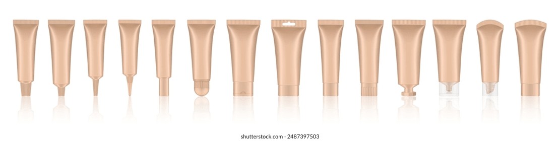 Set of beige cosmetic tubes. Closed blank tubes with caps. Realistic mockup. Long nozzle tube. for ointment or salve. Gel serum. Korean packaging. Lip gloss. Toothpaste. Hand cream