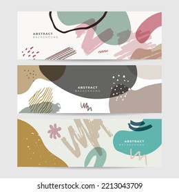 Conjunto de tonos de tierra beige boho de mano floral dibujado con un fondo mínimo de diseño orgánico colorido del banner. Flor de línea y hojas botánicas, formas orgánicas. Fondo vectorial para afiches, web y empaque.