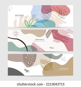 Set von beige Erde Ton boho florale Hand gezeichnet minimale organische Design-Banner-Hintergrund. Kunstblume und botanische Blätter, organische Formen. Vektorhintergrund für Poster, Web und Verpackung.