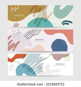 Set of beige earth tone boho floral hand drawn minimal organic colorful design banner background. Line art flower and botanical leaves, organic shapes. Vector background for poster, web and packaging.