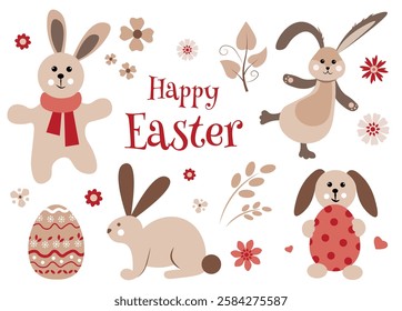 Set of beige, Easter bunnies and flowers on a white background. Happy Easter text. Greeting Card