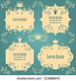 set of beige elegance frames with crowns on retro blue background. design elements for little princess, glamour girl and woman. can use for birthday card, wedding invitations. vector illustration