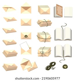 Set of beige envelopes and diaries: open, closed, single, in bunch isolated on white background Vector illustration in flat cartoon style Clipart collection
