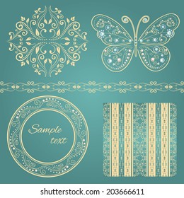 set of beige floral border, frame, pattern. with glamour vintage butterfly with elegance ornament encrusted jewels. isolated on blue background. with sample text. vector illustration 