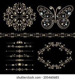 set of beige floral border, frame, pattern. with vintage butterfly with elegance ornament encrusted jewels. isolated on black background. vector illustration 