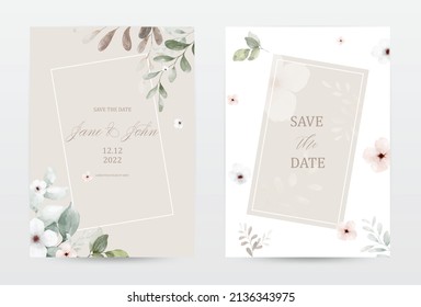 Set of beige invitation template cards with watercolor flowers and leaves. Collection watercolor botanical vector suitable for Wedding Invitation, save the date, thank you, or greeting card.