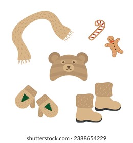 set of beige knitted winter clothes. Woolen hat, scarf and winter boots. Winter accessories. Warm winter outerwear. Vector illustration