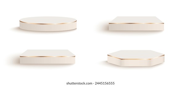 Set of beige luxury matte 3D background podiums in different shapes with gold elements. Studio showroom pedestal, showcase mockup stage. 3d vector podium for product presentation.