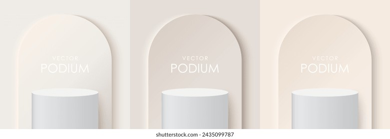 Conjunto de podios de fondo beige mate 3D. El pedestal de la sala de exposición del estudio, escenario de maqueta de la vitrina. Podio vectorial 3d para presentación de productos.