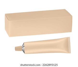 Set of beige metal tube and box. Realistic mockup. Ointment or salve. Korean packaging. Blank cardboard package	