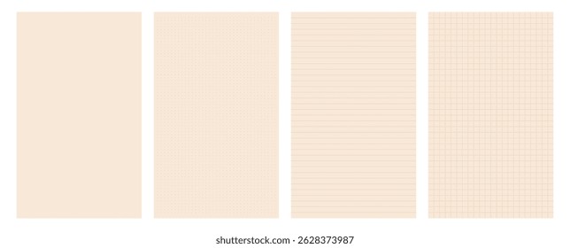 Set of beige notebook paper. Minimalist grid, dot, lined, blank planner page templates for planning, journaling. Neutral toned design notes.