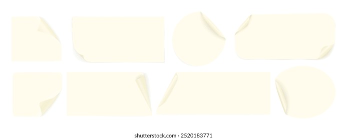 Set of beige paper labels in various geometric shapes with curved corners. Blank adhesive paper or plastic stickers. Vector reminders