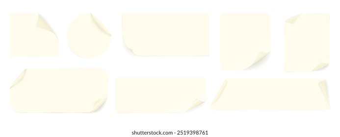 A set of beige paper stickers in various geometric shapes with bent corners. Blank adhesive paper or plastic sticker. Vector reminders