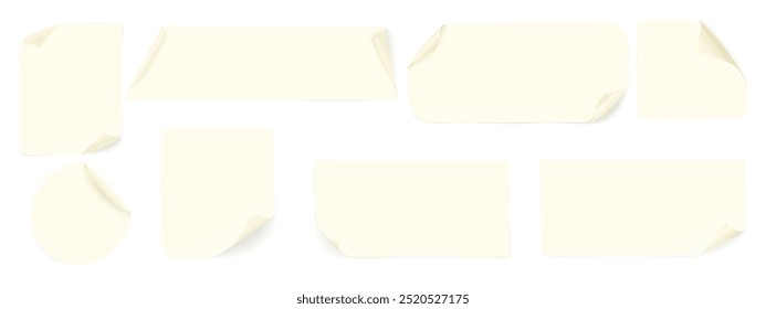 Set of beige paper stickers in various geometric shapes with curved corners. Blank square, rectangular, round adhesive paper or plastic stickers. Vector reminders