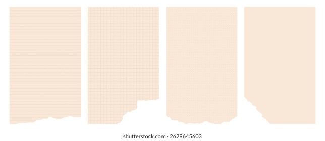 Set of beige paper templates with torn edges. Retro lined, grid, dot blank pages planner sheets with rough edges. Vintage journal pages. 