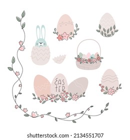 Set of beige pastel color vector illustrations for easter with bunny, flowers, basket, eggs