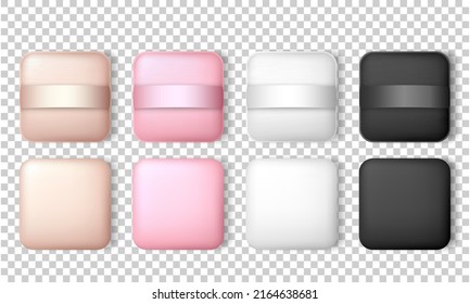 Set of beige, pink, white and black powder puffs. Realistic vector makeup sponges for compact powder, foundation cushion. Mockup of square cosmetic items top view