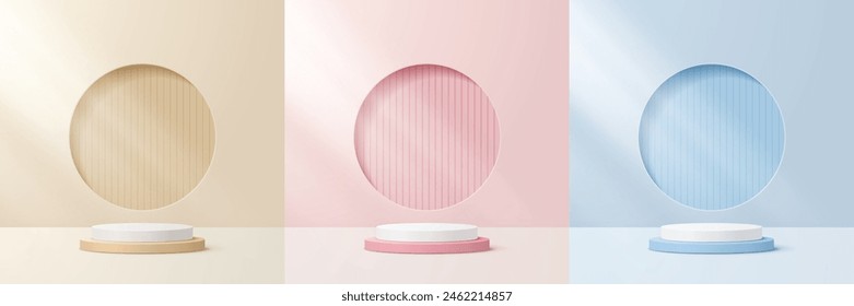 Set of beige, pink white, and blue 3d cylinder podium background with minimal scene product display. Realistic mockup, stage design for product showcase.