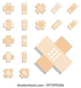 Set of Beige Plaster or Band Aid Icon. Medical Patch Symbol Collection