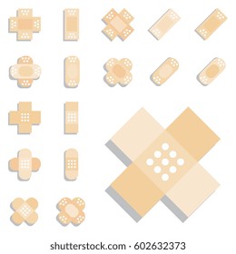 Set of Beige Plaster or Band Aid Icon. Medical Patch Symbol Collection