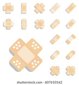 Set of Beige Plaster or Band Aid Icon. Medical Patch Symbol Collection