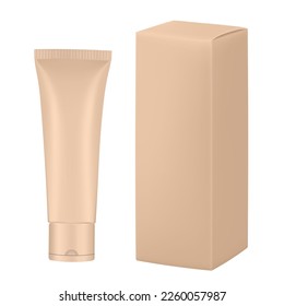 Set of beige plastic tube and box. Realistic mockup. Ointment or salve. Gel serum. Korean packaging. Blank cardboard package