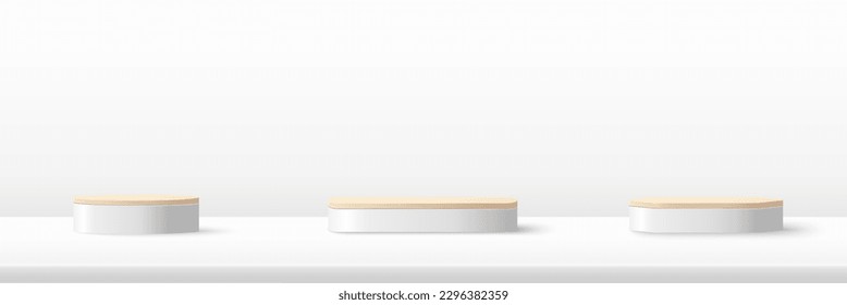 Conjunto de plataforma de podio beige para mostrar producto con luz natural sobre fondo blanco. Escena mínima en blanco para la presentación del producto