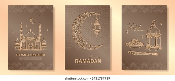 Conjunto de tarjetas de felicitación de Ramadán Kareem beige con la mano dibujado lineal de oro Mezquita, luna creciente, linterna árabe, fechas, rosario musulmán cuentas de oración. Plantilla de banners verticales de Eid Mubarak