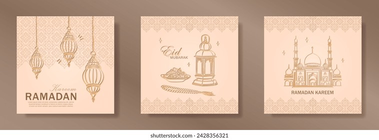 Set of beige Ramadan Kareem square greeting cards with hand drawn linear golden Mosque, Arabic lanterns, dates for Iftar, Muslim rosary praying beads. Template of Eid Mubarak outline banners