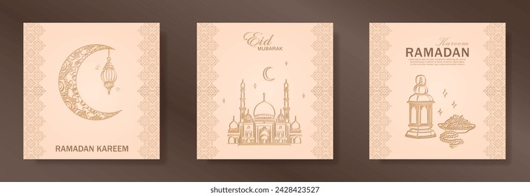 Set of beige Ramadan Kareem square greeting cards with hand drawn linear golden Mosque, crescent moon, Arabic lantern, dates, Muslim rosary praying beads. Template of Eid Mubarak outline banners