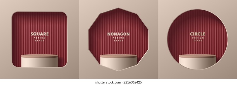 Set of beige realistic 3d cylinder pedestal podium in square, nonagon, circle window on dark red wall. Abstract studio room. Minimal scene for products, Round stage showcase, Promotion mockup display.