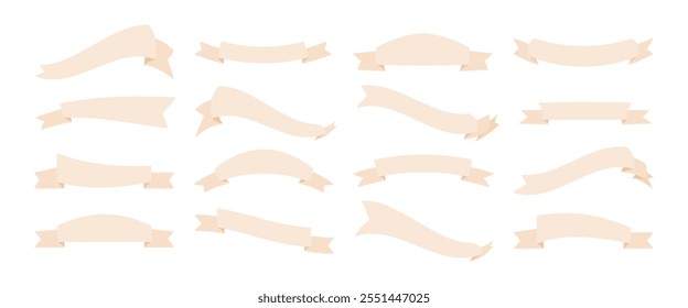 Set of beige ribbon banners in various shapes and styles on a white background. Flat vector illustration for design and decoration purposes.