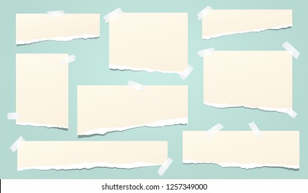 Set of beige ripped notebook paper, torn note paper strips stuck on turquoise background. Vector illustration