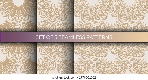 Set of beige seamless pattern with decorative ornaments. Good for backgrounds, prints, apparel and textiles. Vector illustration.