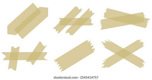 Set of beige semi-transparent washi tapes isolated on white. Tapes collection in vector. Pieces of decorative tape for scrapbooks. Torn paper