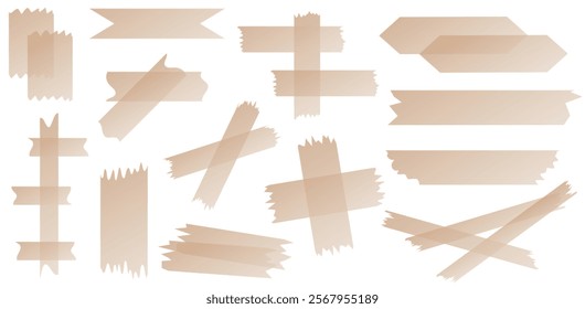 Set of beige semi-transparent washi tapes isolated on white. Washi tapes collection in vector. Pieces of decorative tape for scrapbooks. Torn paper. Gradient