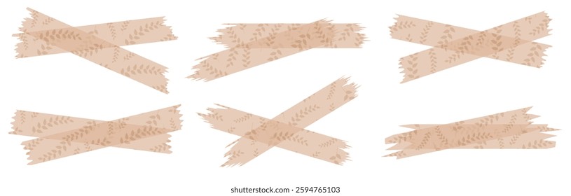 Set of beige semi-transparent washi tapes with pattern isolated on white. Tapes collection in vector. Pieces of decorative tape for scrapbooks. Torn paper. Spring, summer