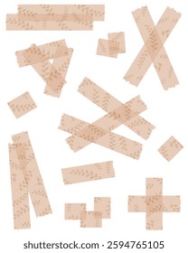 Set of beige semi-transparent washi tapes with pattern isolated on white. Tapes collection in vector. Pieces of decorative tape for scrapbooks. Torn paper. Spring, summer