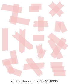 Set of beige semi-transparent washi tapes isolated on white. Tapes collection in vector. Pieces of decorative tape for scrapbooks. Torn paper. Red, pink