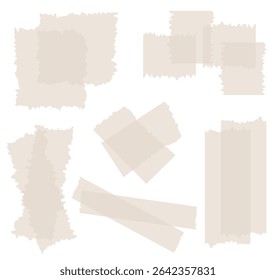 Set of beige semi-transparent washi tapes isolated on white. Tapes collection in vector. Pieces of decorative tape for scrapbooks. Torn paper