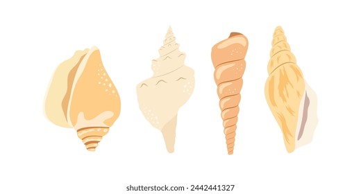 Set with beige spiral shell isolated on white background. Hand drawn in minimalistic style.