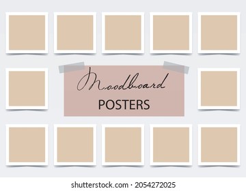 Set of beige square photo cards  with white border. Mockup for presentation, portfolio, photo album, holiday date. Mood board Blank template. 12 empty photo frames with shadows. Vector realistic.