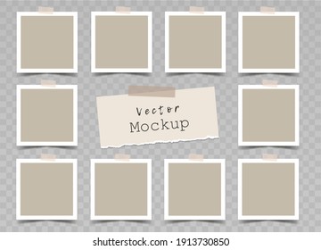 Set of  beige square photo frames with adhesive tape and a torn paper note. Mockup for photo album, presentation, social media. Blank template. Vector 3d realistic.10 empty photo cards. EPS10.