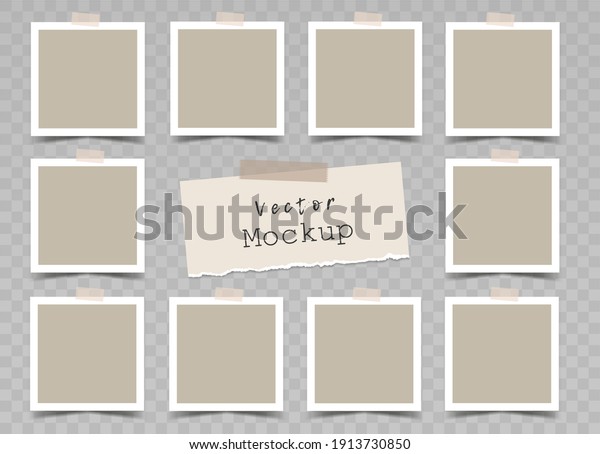 Set of  beige square photo frames with adhesive\
tape and a torn paper note. Mockup for photo album, presentation,\
social media. Blank template. Vector 3d realistic.10 empty photo\
cards. EPS10.