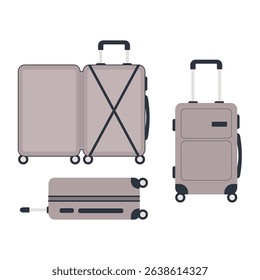 A set of beige suitcases from different sides. Family travel suitcases, hand luggage and checked baggage.